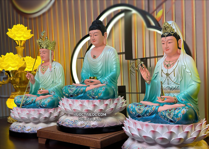 tôn tượng ta bà tam thánh composite sen nở xanh đẹp