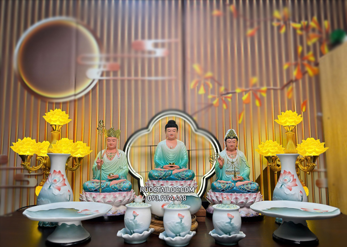 tôn tượng ta bà tam thánh composite sen nở xanh đẹp