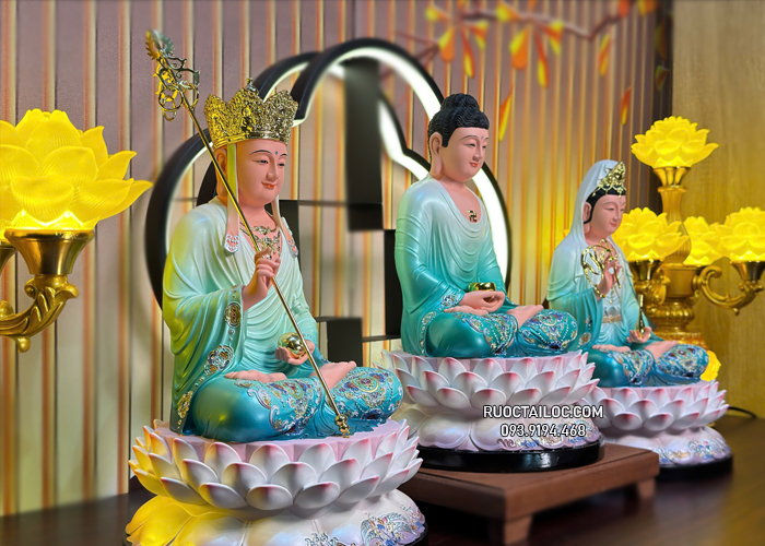 tôn tượng ta bà tam thánh composite sen nở xanh đẹp