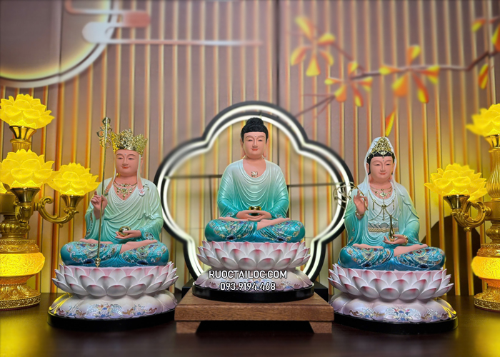 tôn tượng ta bà tam thánh composite sen nở xanh đẹp