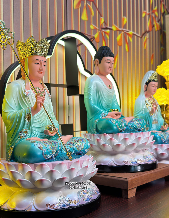 tôn tượng ta bà tam thánh composite sen nở xanh đẹp