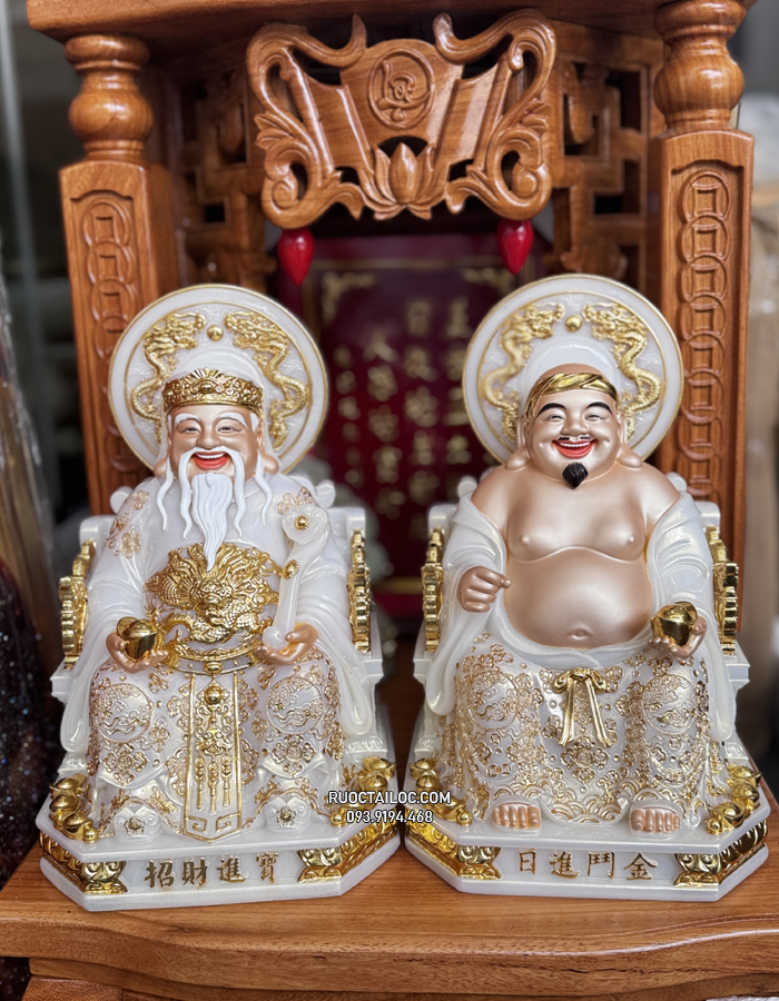tượng Ông Địa Thần Tài bằng bột đá trắng viền vàng có hào quang đẹp