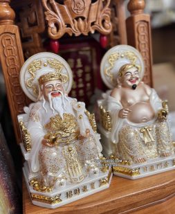 tượng Ông Địa Thần Tài bằng bột đá trắng viền vàng có hào quang đẹp