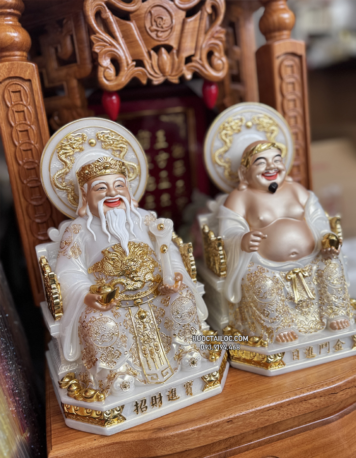 tượng Ông Địa Thần Tài bằng bột đá trắng viền vàng có hào quang đẹp