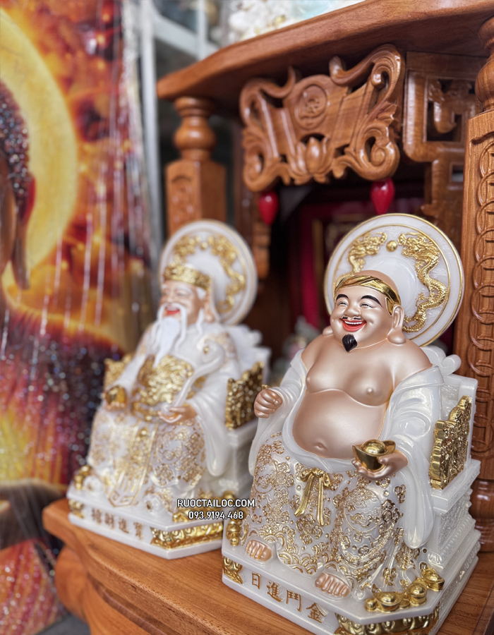 tượng Ông Địa Thần Tài bằng bột đá trắng viền vàng có hào quang đẹp