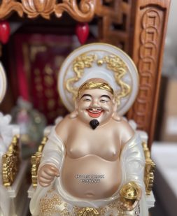 tượng Ông Địa Thần Tài bằng bột đá trắng viền vàng có hào quang đẹp