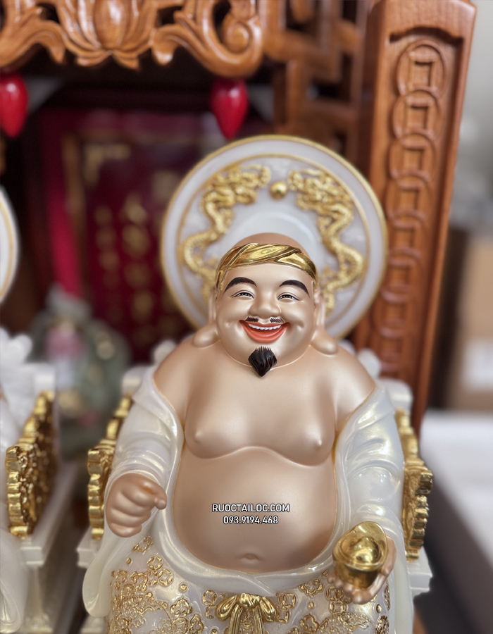 tượng Ông Địa Thần Tài bằng bột đá trắng viền vàng có hào quang đẹp