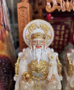 tượng Ông Địa Thần Tài bằng bột đá trắng viền vàng có hào quang đẹp
