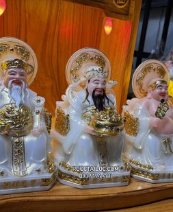 bộ 3 ông địa thần tài bằng bột đá trắng có hào quang đẹp