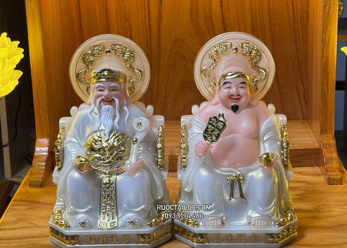 Tượng Ông Địa Thần Tài bằng bột đá trắng có hào quang đẹp