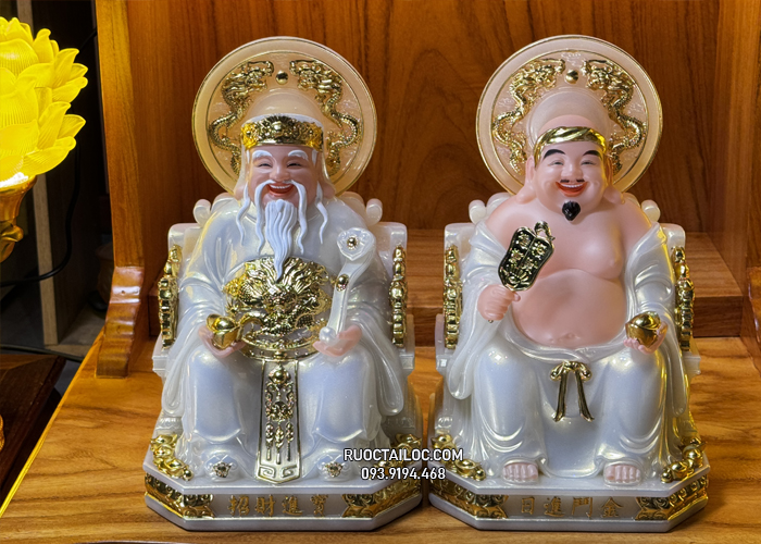 Tượng Ông Địa Thần Tài bằng bột đá trắng có hào quang đẹp