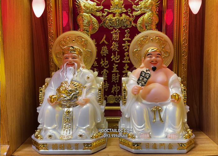Tượng Ông Địa Thần Tài bằng bột đá trắng có hào quang đẹp
