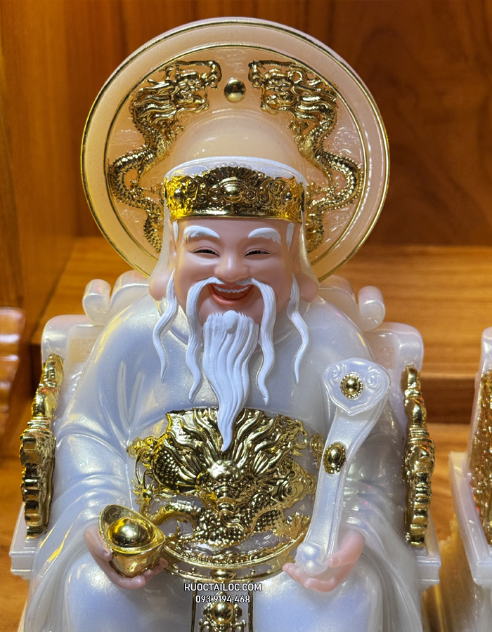 Tượng Ông Địa Thần Tài bằng bột đá trắng có hào quang đẹp