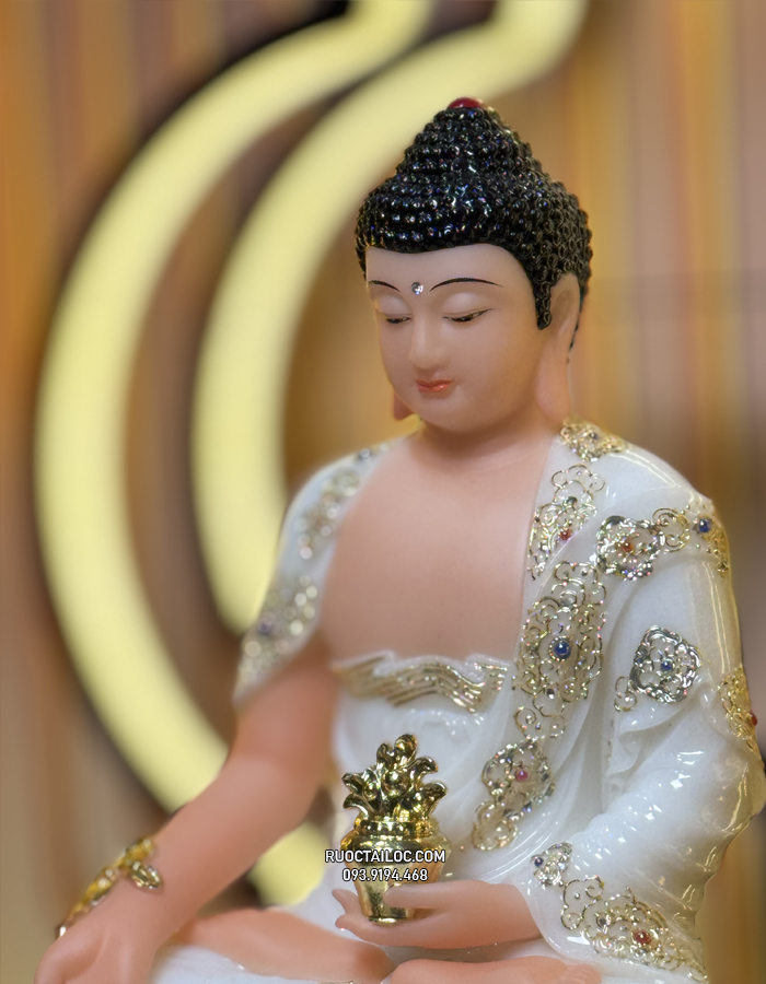Tượng Phật Dược Sư bằng bột đá trắng cầm cây thuốc vàng