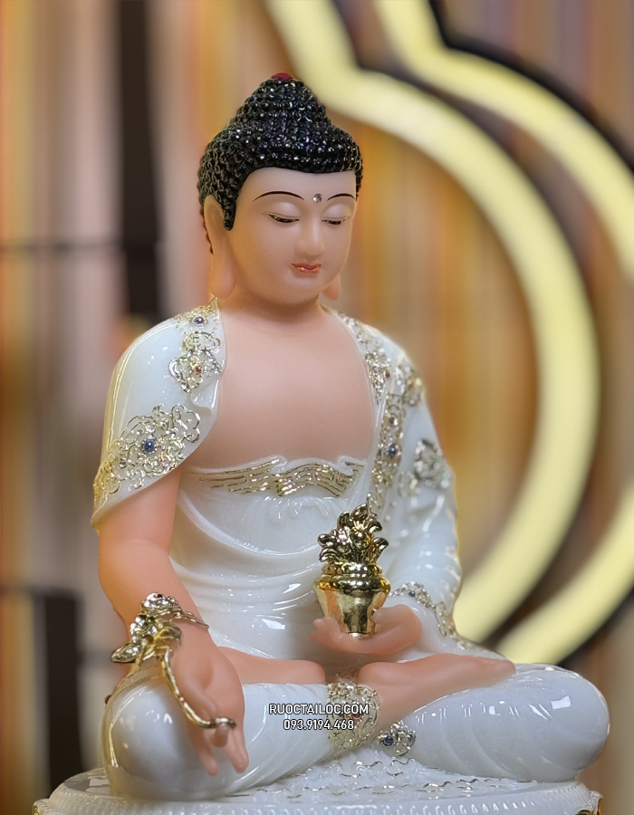 Tượng Phật Dược Sư bằng bột đá trắng cầm cây thuốc vàng