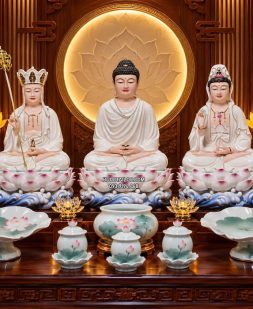 tôn tượng Ta Bà Tam Thánh bằng sứ trắng sen hồng đẹp