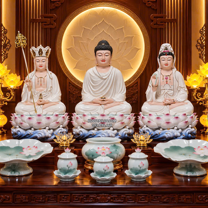 tôn tượng Ta Bà Tam Thánh bằng sứ trắng sen hồng đẹp