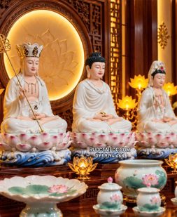 tôn tượng Ta Bà Tam Thánh bằng sứ trắng sen hồng đẹp