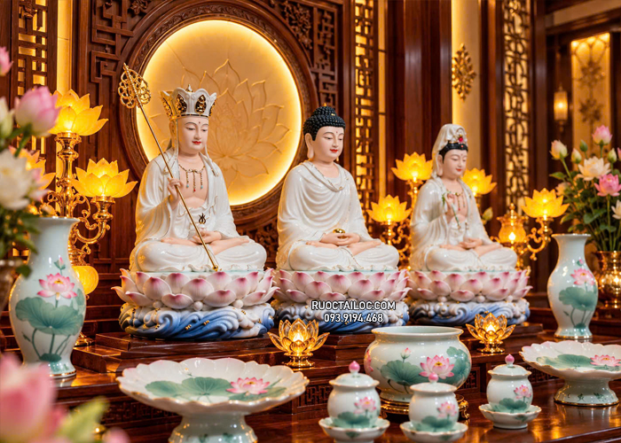 tôn tượng Ta Bà Tam Thánh bằng sứ trắng sen hồng đẹp
