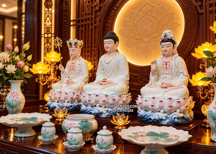tôn tượng Ta Bà Tam Thánh bằng sứ trắng sen hồng đẹp