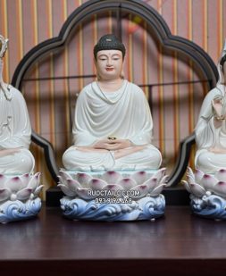 tôn tượng Ta Bà Tam Thánh bằng sứ trắng sen hồng đẹp