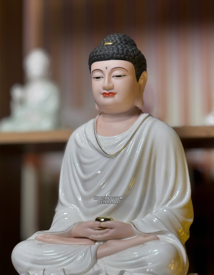 Tôn Tượng Bổn Sư Thích Ca Mâu Ni bằng sứ trắng đế xanh đẹp