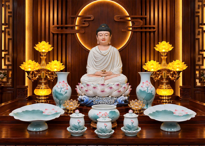 Tôn Tượng Bổn Sư Thích Ca Mâu Ni bằng sứ trắng đế xanh đẹp