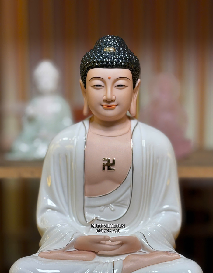 Tượng Phật Dược Sư bằng sứ trắng sen hồng đẹp
