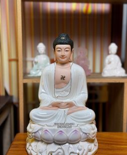Tượng Phật Dược Sư bằng sứ trắng sen hồng đẹp