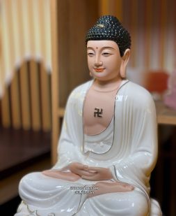 Tượng Phật Dược Sư bằng sứ trắng sen hồng đẹp