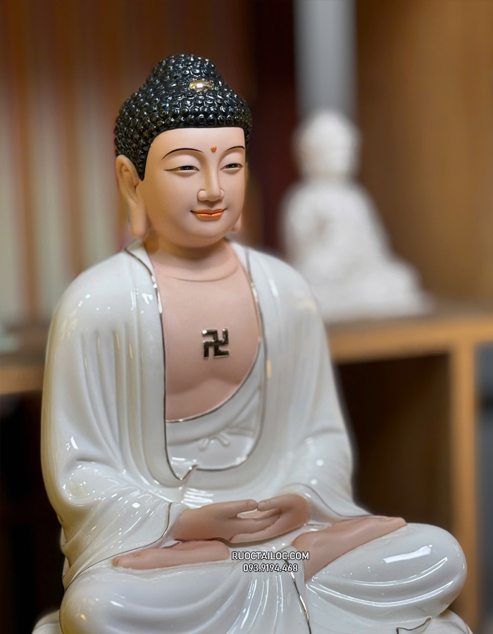 Tượng Phật Dược Sư bằng sứ trắng sen hồng đẹp