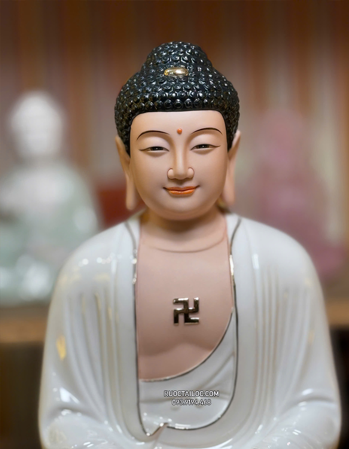 Tượng Phật Dược Sư bằng sứ trắng sen hồng đẹp